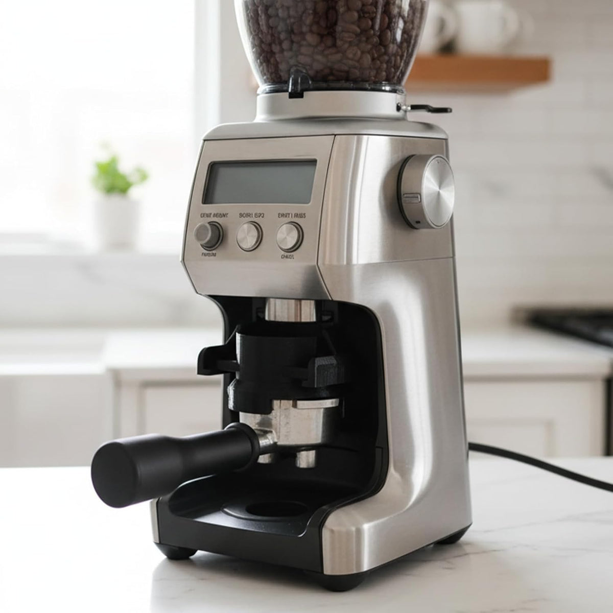 Coffee grinder on a kitchen counter with a blurred background