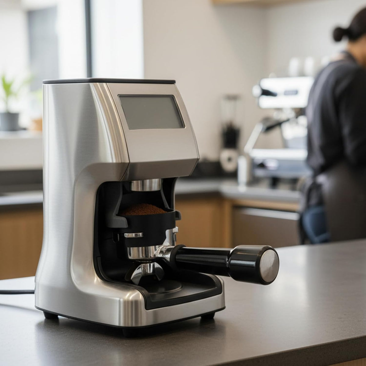 Coffee grinder on a kitchen counter with a blurred background