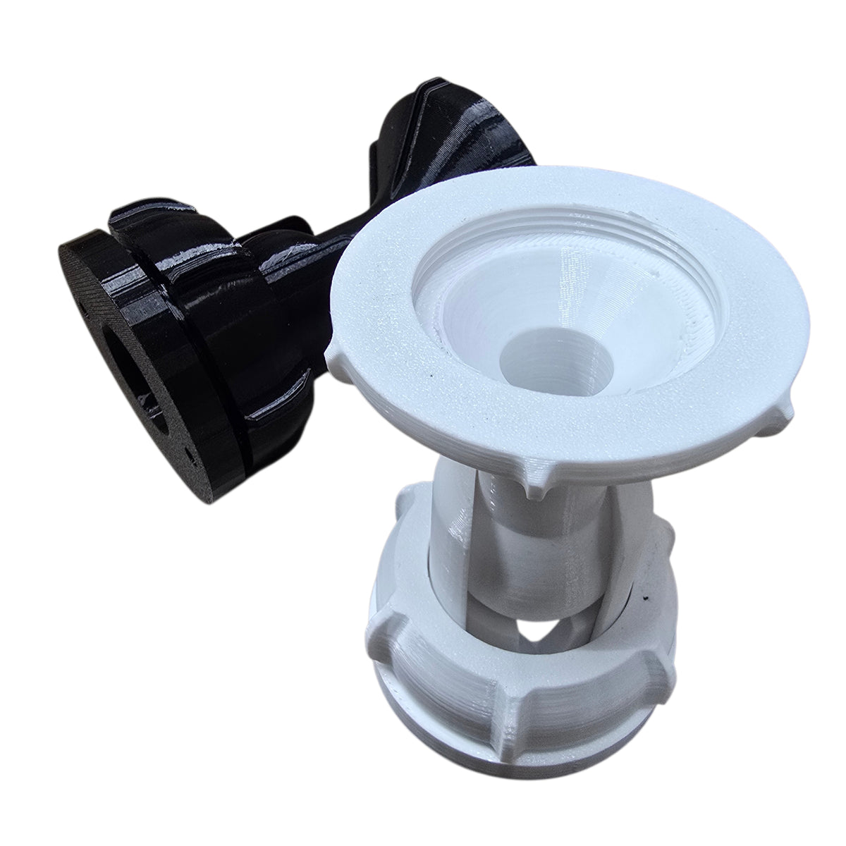 White and black mechanical components on a white background