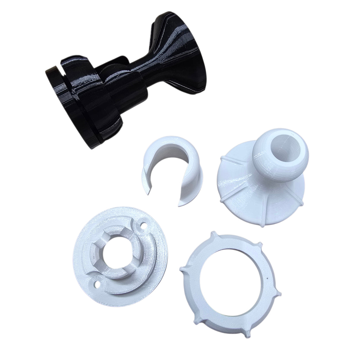 Black camera mount with white accessories on a white background