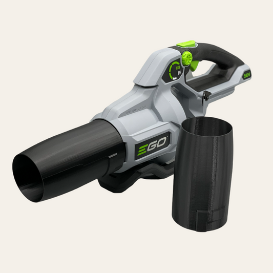 A gray and black EGO leaf blower drying nozzle attachment with a black blower tube.