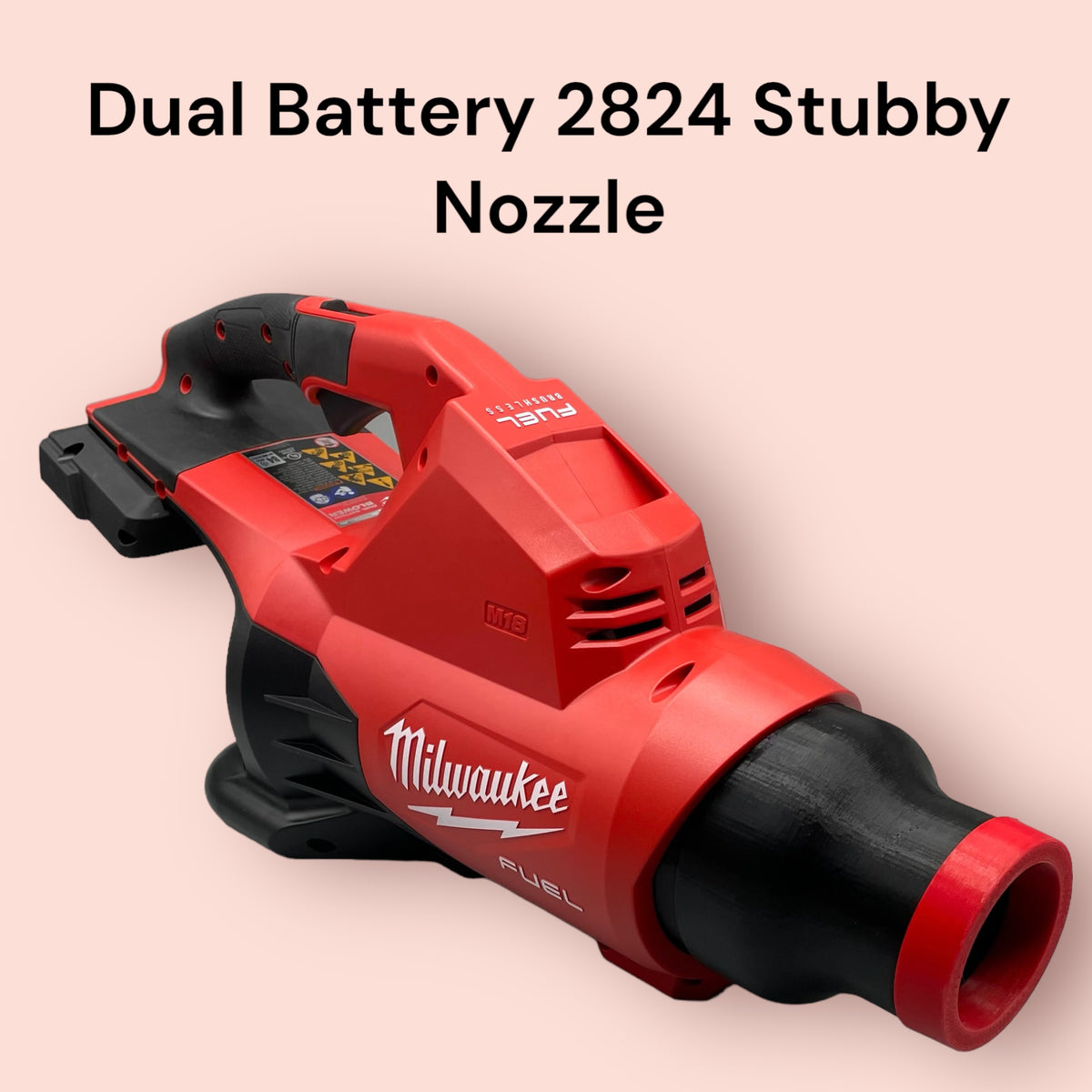 A red and black Milwaukee M18 Fuel Leaf Blower with a stubby nozzle attachment.